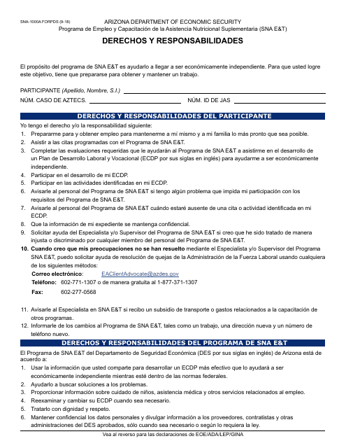 Formulario SNA-1000A FORPDS Derechos Y Responsabilidades - Arizona (Spanish)