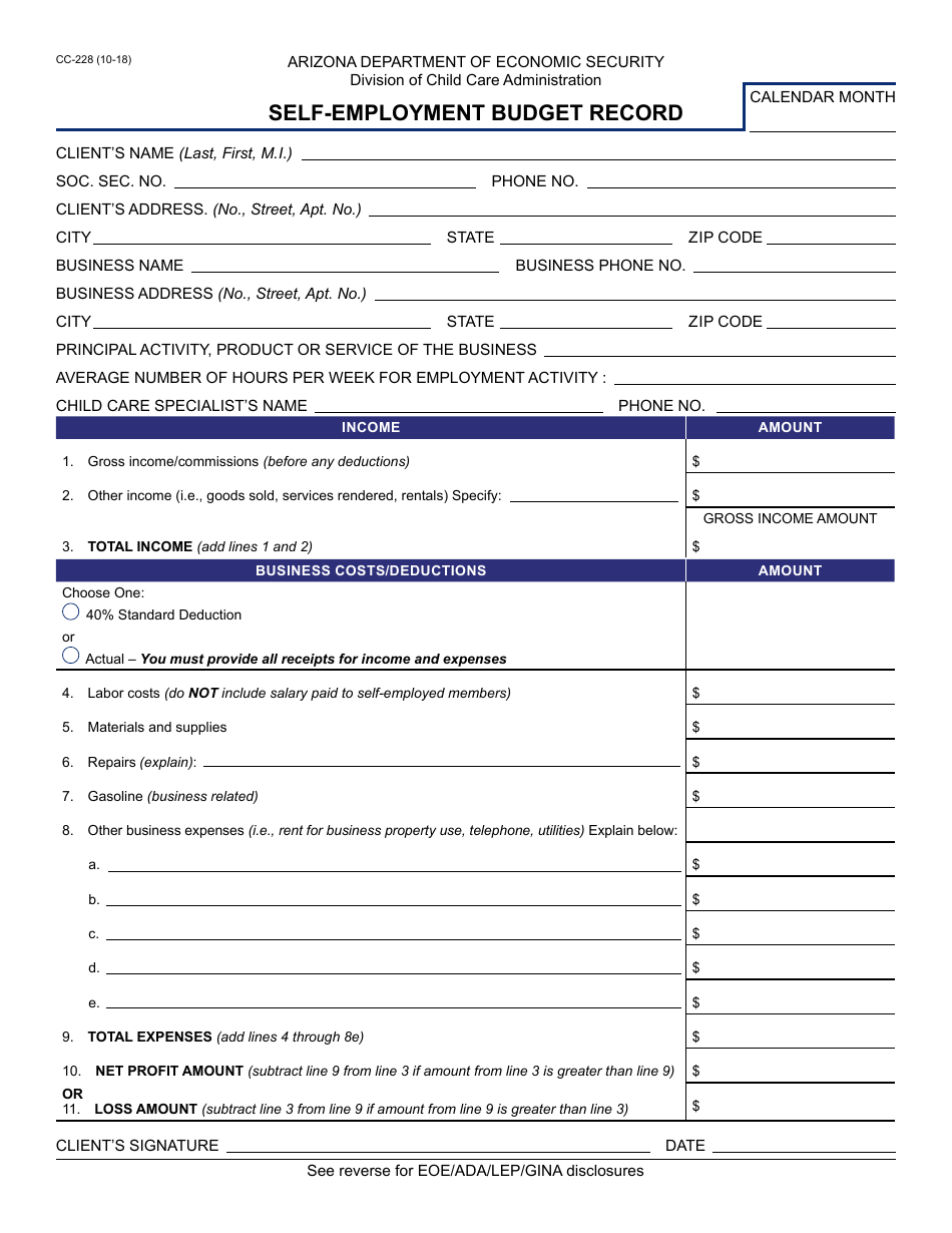 Form CC-228 Self-employment Budget Record - Arizona, Page 1