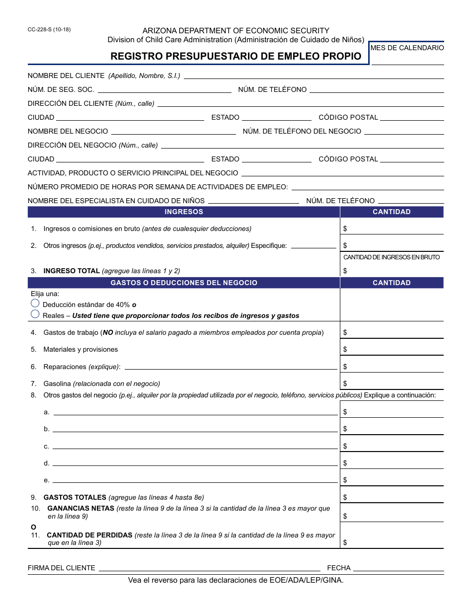 Formulario CC-228-S Registro Presupuestario De Empleo Propio - Arizona (Spanish), Page 1