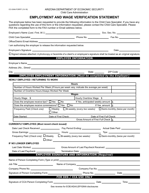 Form CC-024A FORFF Employment and Wage Verification Statement - Arizona