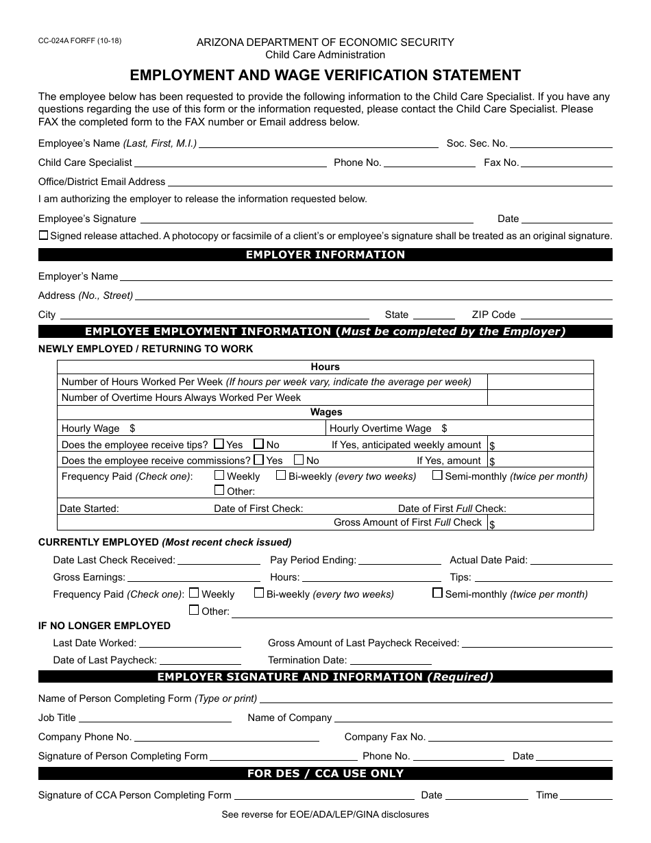 Form CC-024A FORFF Employment and Wage Verification Statement - Arizona, Page 1