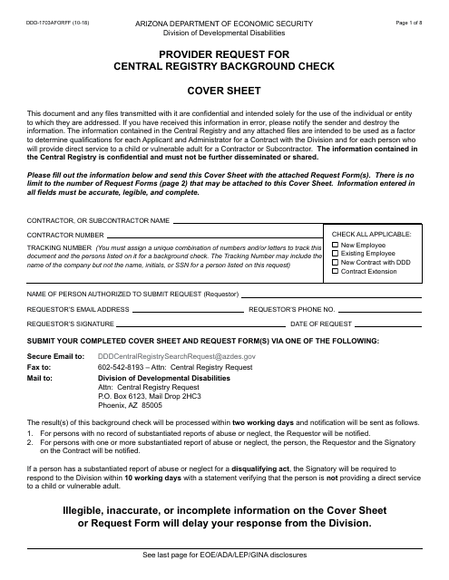 Form DDD-1703AFORFF Provider Request for Central Registry Background Check - Arizona