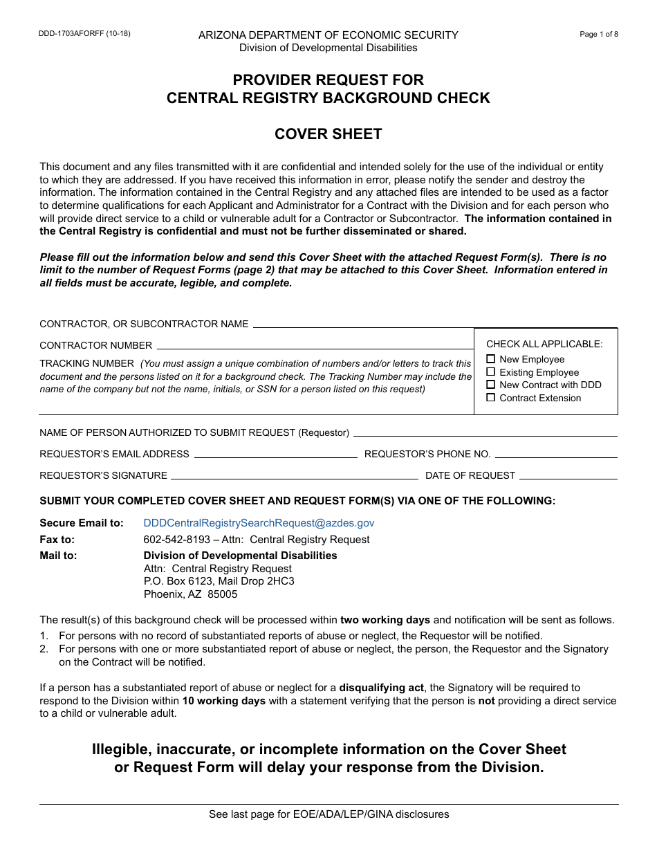 Form DDD-1703AFORFF Provider Request for Central Registry Background Check - Arizona, Page 1