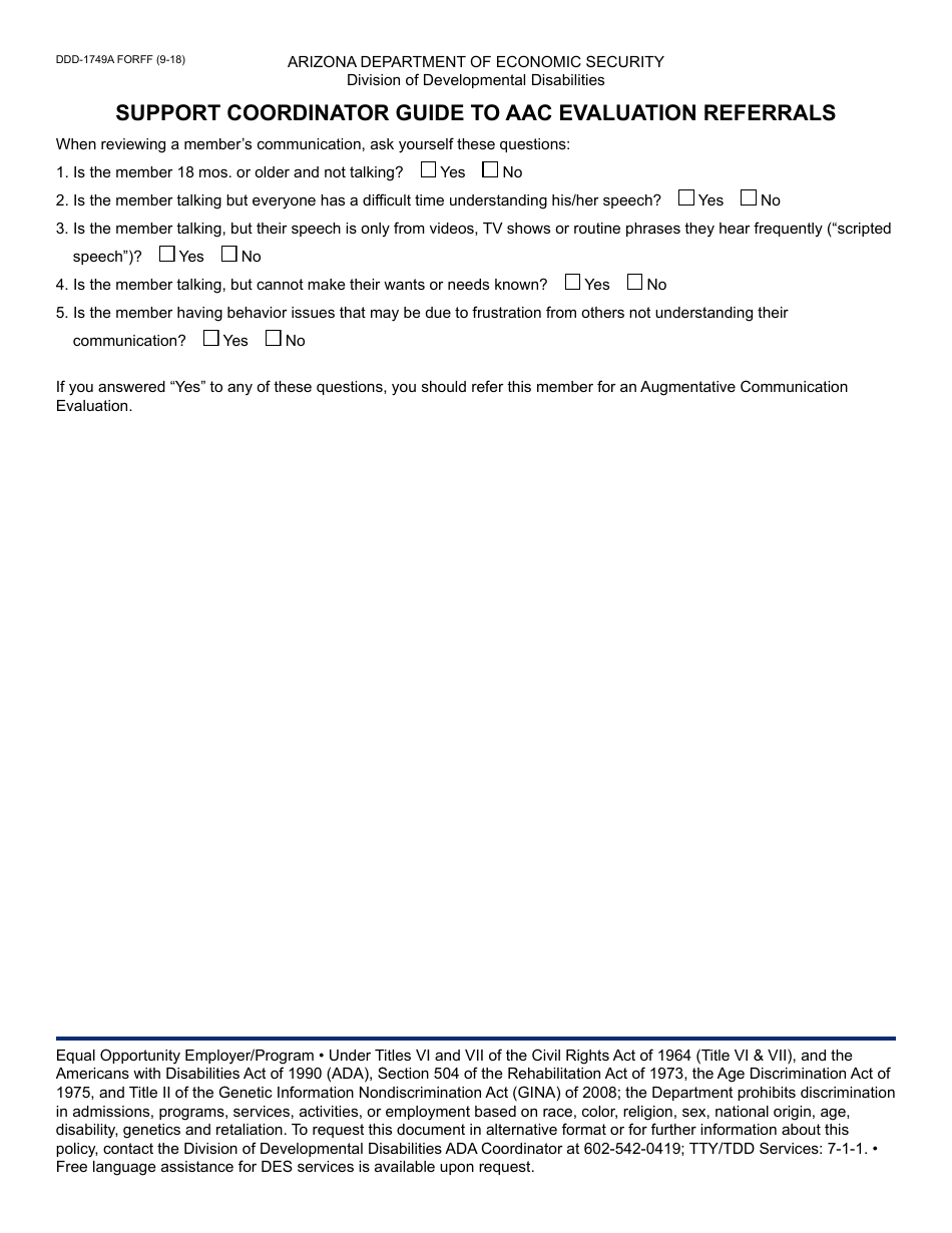 Form DDD-1749A FORFF Support Coordinator Guide to Aac Evaluation Referrals - Arizona, Page 1