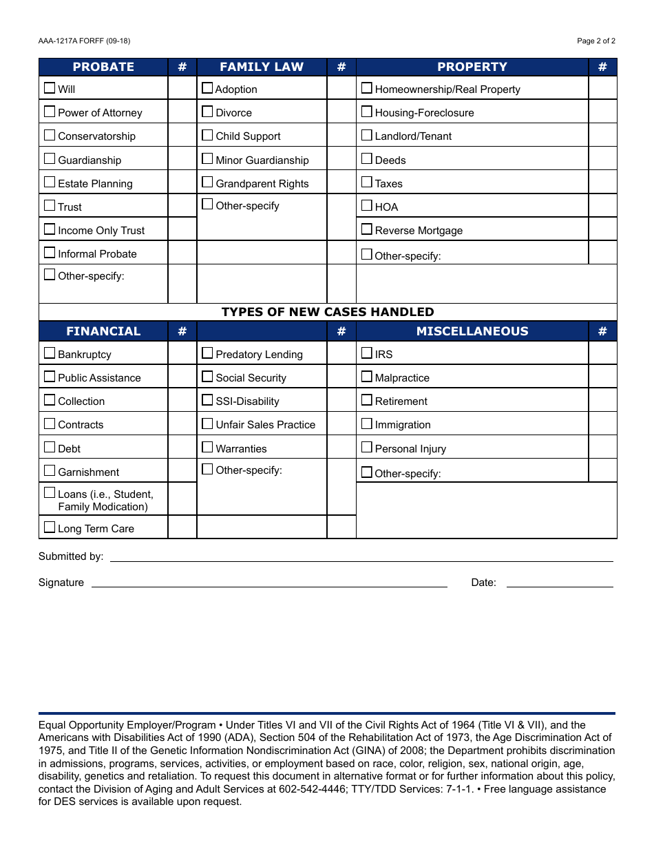 Form AAA-1217A FORFF Monthly Legal Services Assistance Report - Arizona, Page 2
