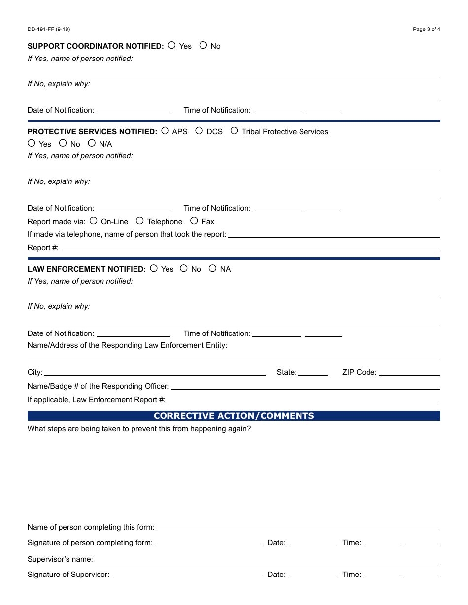 Form DD-191-FF Incident Report - Arizona, Page 3