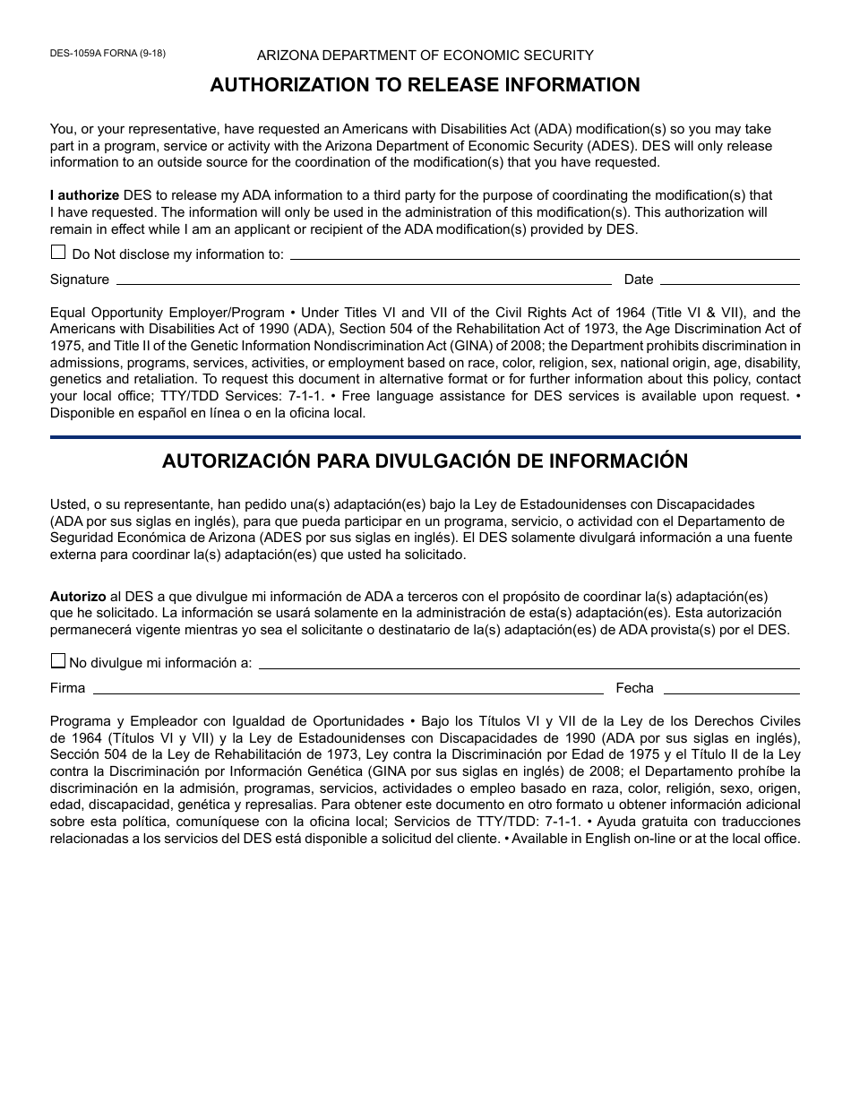 Form DES-1059A FORNA Authorization to Release Information - Arizona (English / Spanish), Page 1