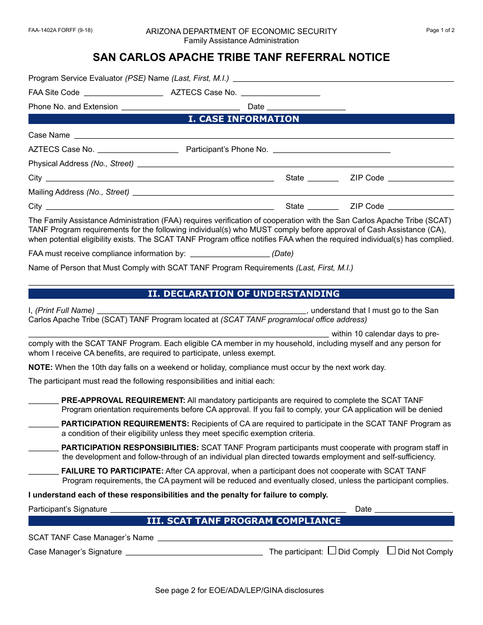 Form FAA-1402A FORFF San Carlos Apache Tribe TANF Referral Notice - Arizona, Page 1