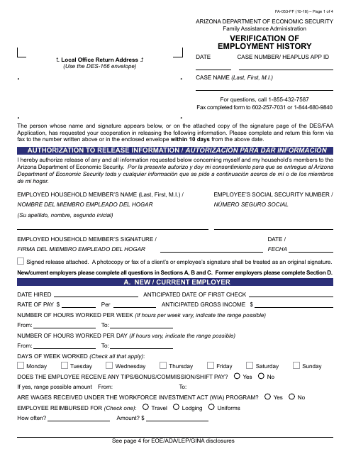 Form FA-053-FF Verification of Employment History - Arizona