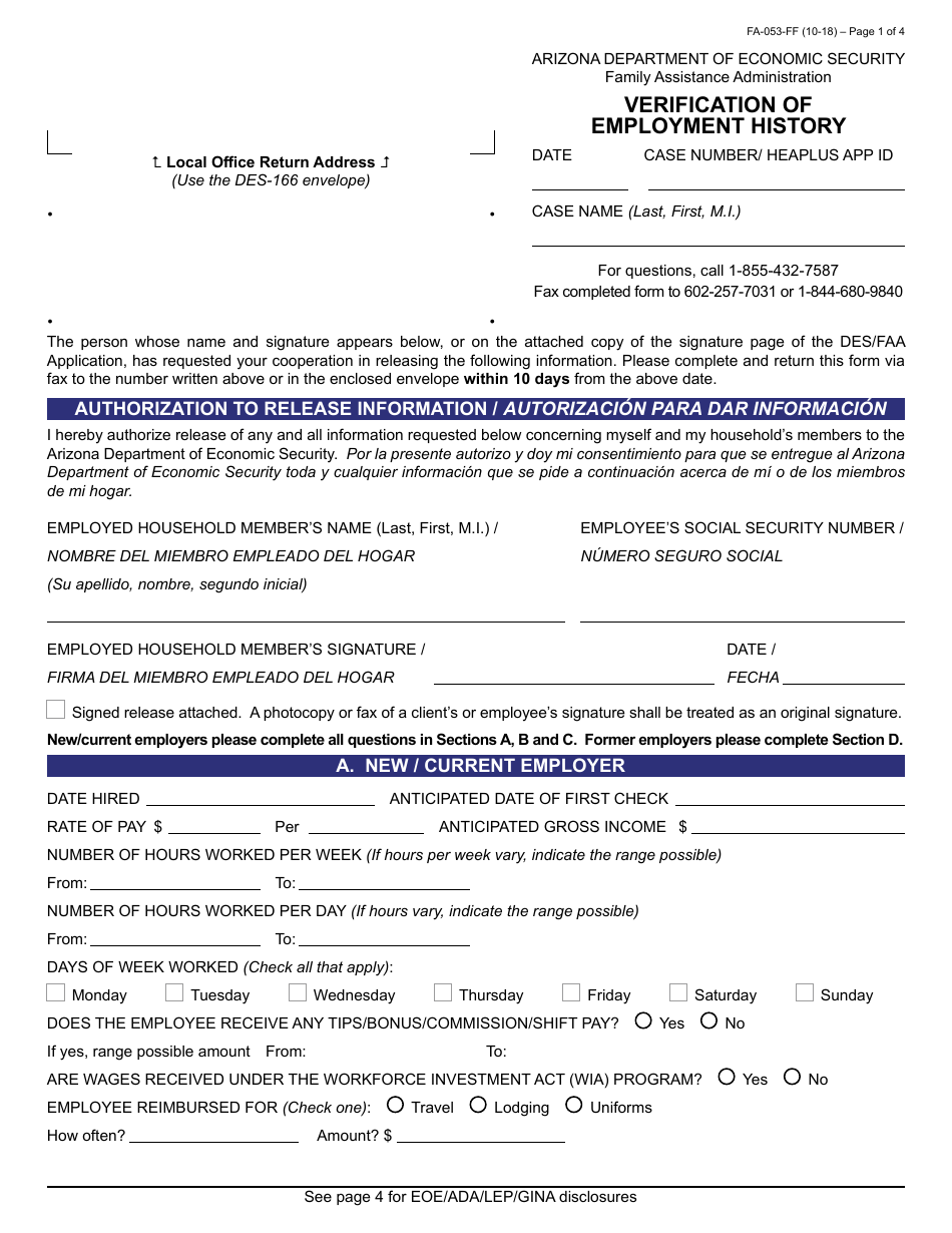 Form Fa 053 Ff Download Fillable Pdf Or Fill Online Verification Of Employment History Arizona Templateroller