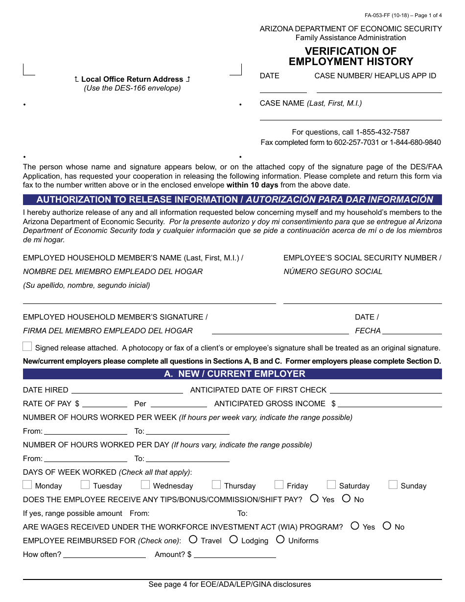 Form FA-053-FF Verification of Employment History - Arizona, Page 1