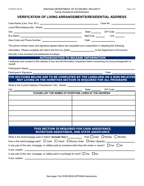 Form FA-065-FF Verification of Living Arrangements/Residential Address - Arizona
