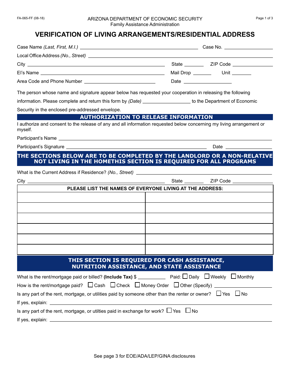 Form FA-065-FF Verification of Living Arrangements / Residential Address - Arizona, Page 1