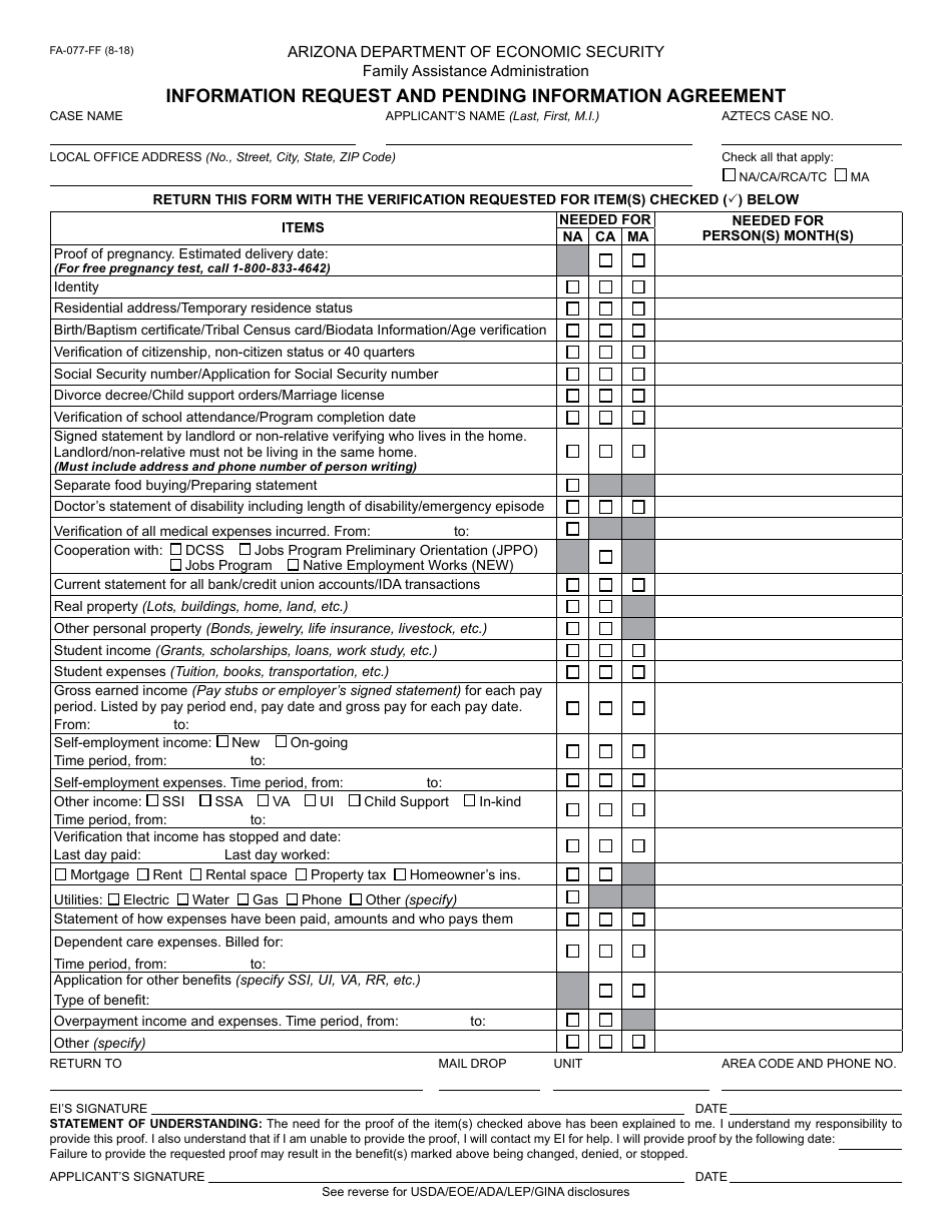 Form FA-077-FF Information Request and Pending Information Agreement - Arizona, Page 1