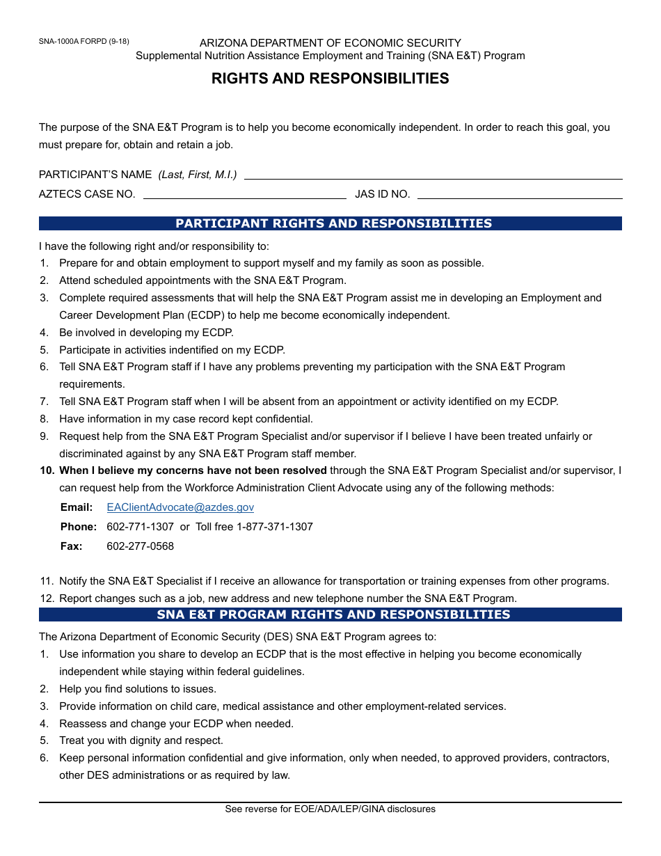 Form SNA-1000A FORPD Rights and Responsibilities - Arizona, Page 1