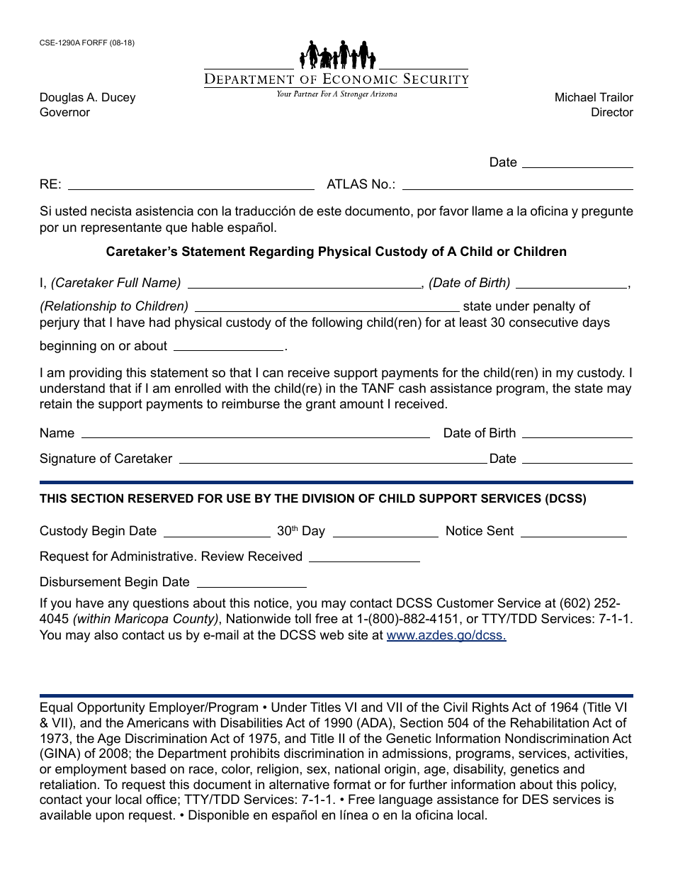 Form CSE-1290A Caretakers Statement Regarding Physical Custody of a Child or Children - Arizona, Page 1