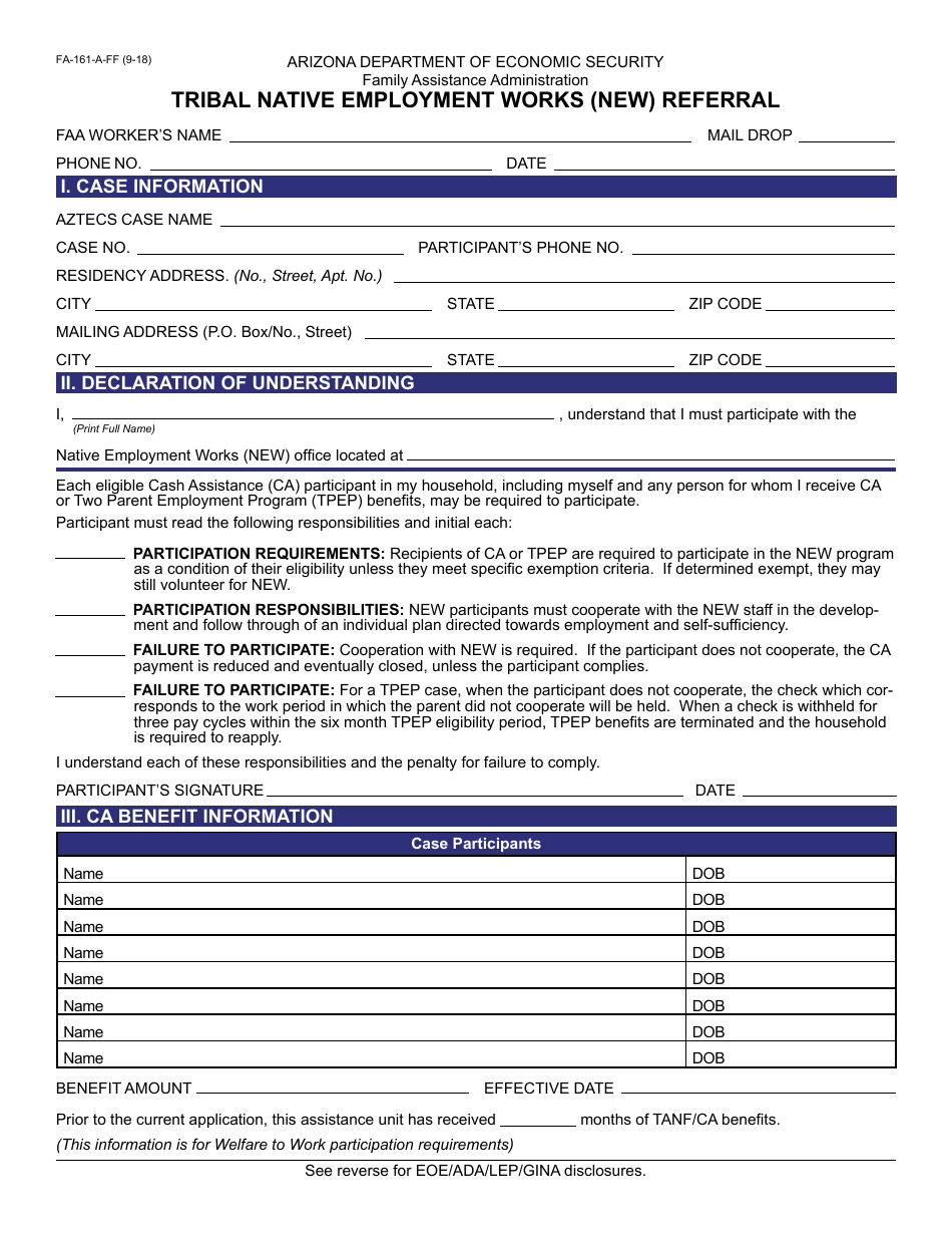 Form FA-161-A-FF Tribal Native Employment Works (New) Referral - Arizona, Page 1