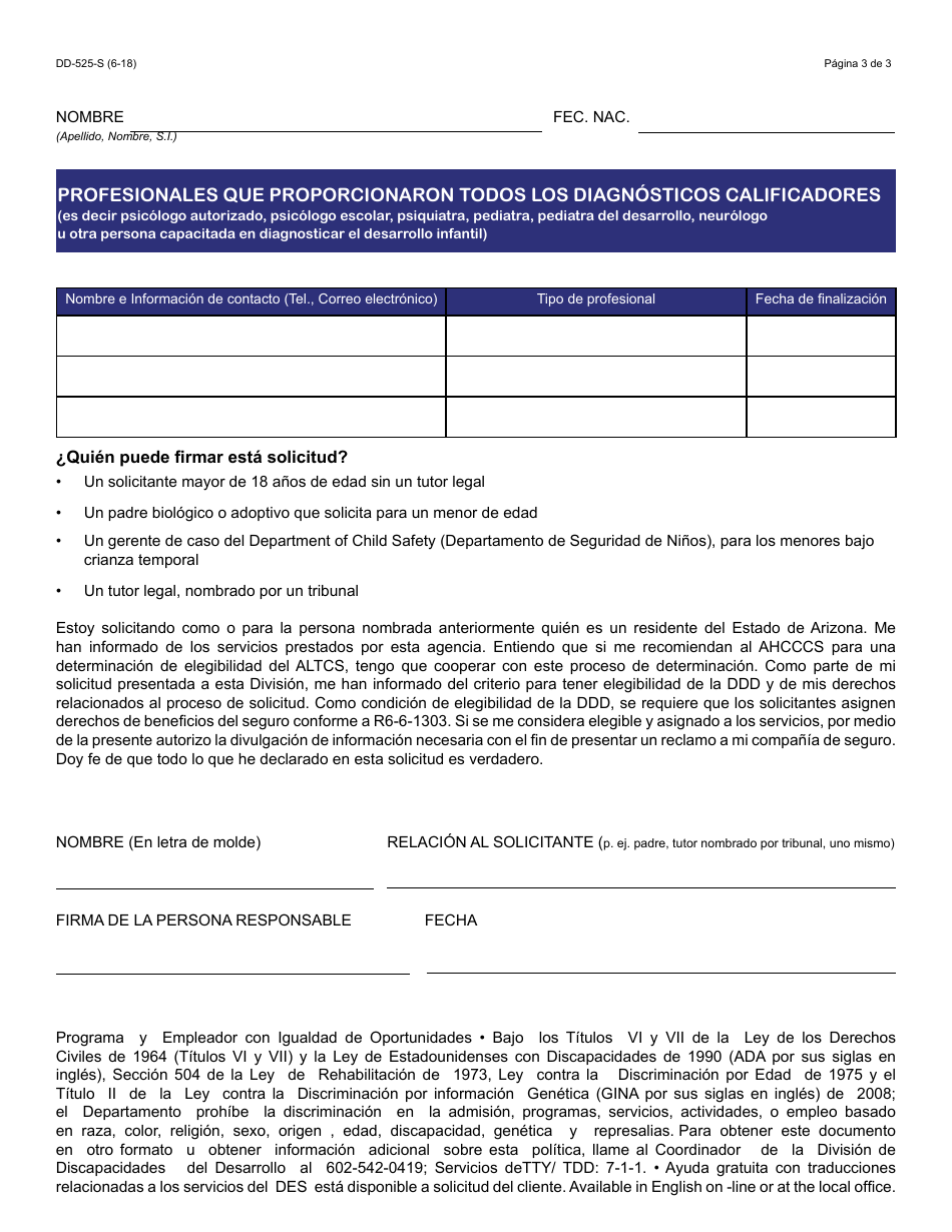 Formulario DD-525 FORPDFS Solicitud Para La Determinacion De Elegibilidad - Arizona (Spanish), Page 3