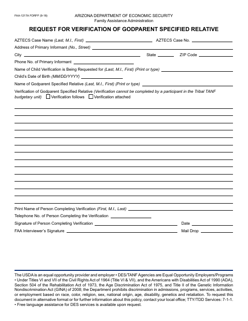 Form FAA-1217A FORFF Request for Verification of Godparent Specified Relative - Arizona