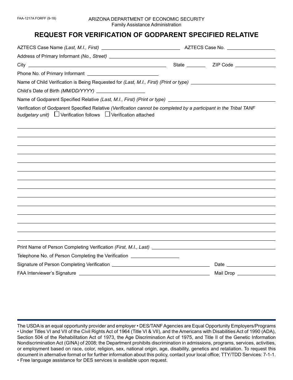 Form FAA-1217A FORFF Request for Verification of Godparent Specified Relative - Arizona, Page 1