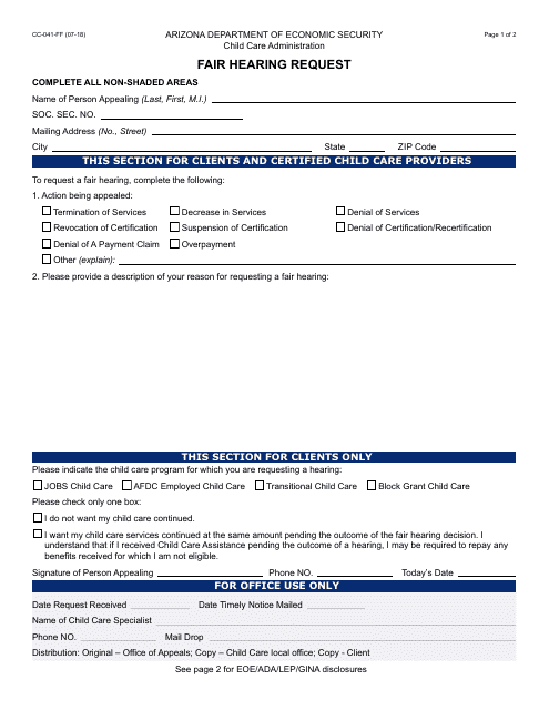 Form CC-041-FF Fair Hearing Request - Arizona