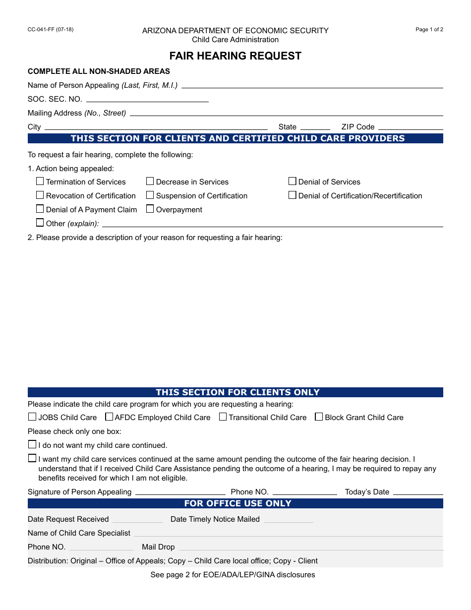 Form CC-041-FF Fair Hearing Request - Arizona, Page 1
