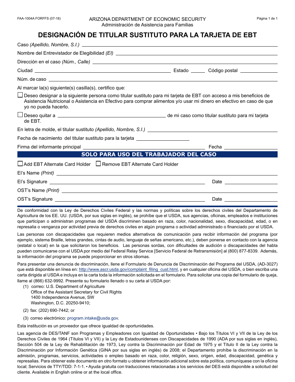 Formulario FAA-1004A FORFFS Designacion De Titular Sustituto Para La Tarjeta De Ebt - Arizona (Spanish), Page 1