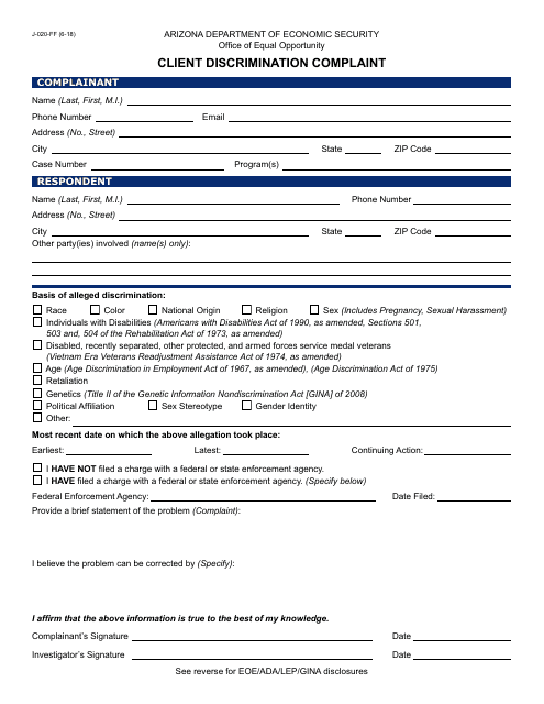 Form J-020-FF Client Discrimination Complaint - Arizona