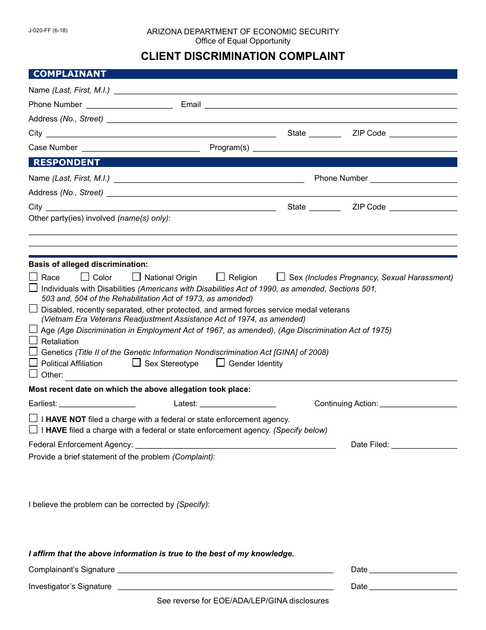 Form J-020-FF Client Discrimination Complaint - Arizona, Page 1