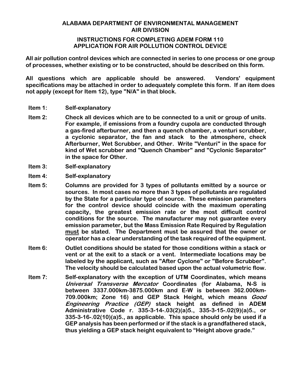 ADEM Form 110 Permit Application for Air Pollution Control Device - Alabama, Page 1