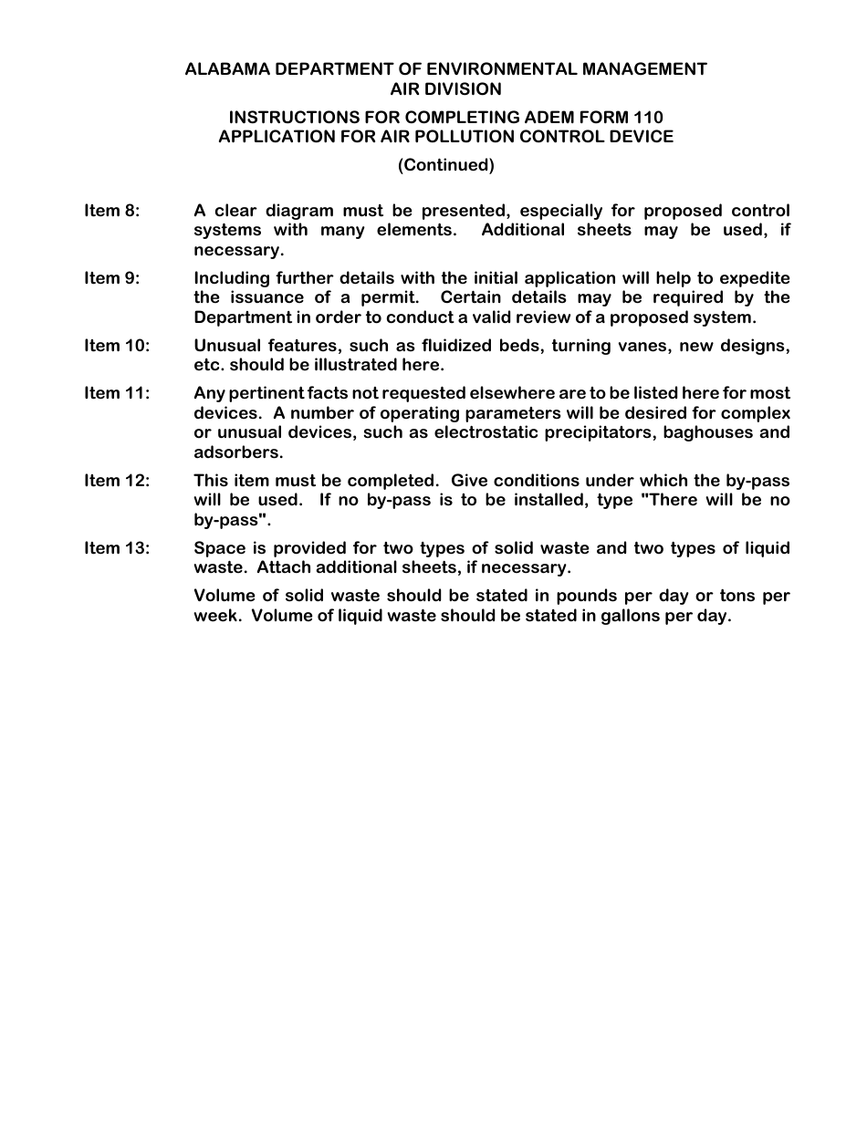 ADEM Form 110 Permit Application for Air Pollution Control Device - Alabama, Page 2