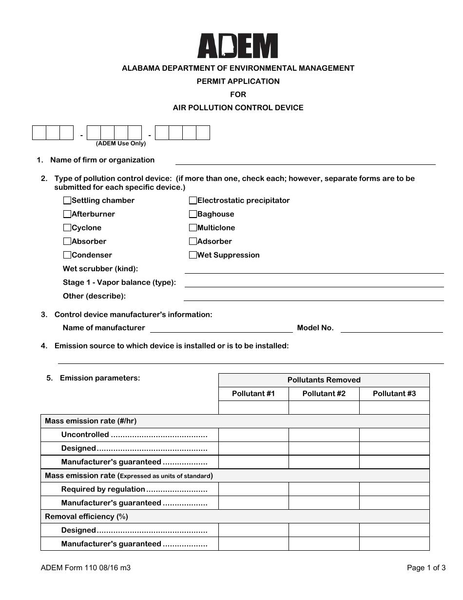 ADEM Form 110 Permit Application for Air Pollution Control Device - Alabama, Page 3