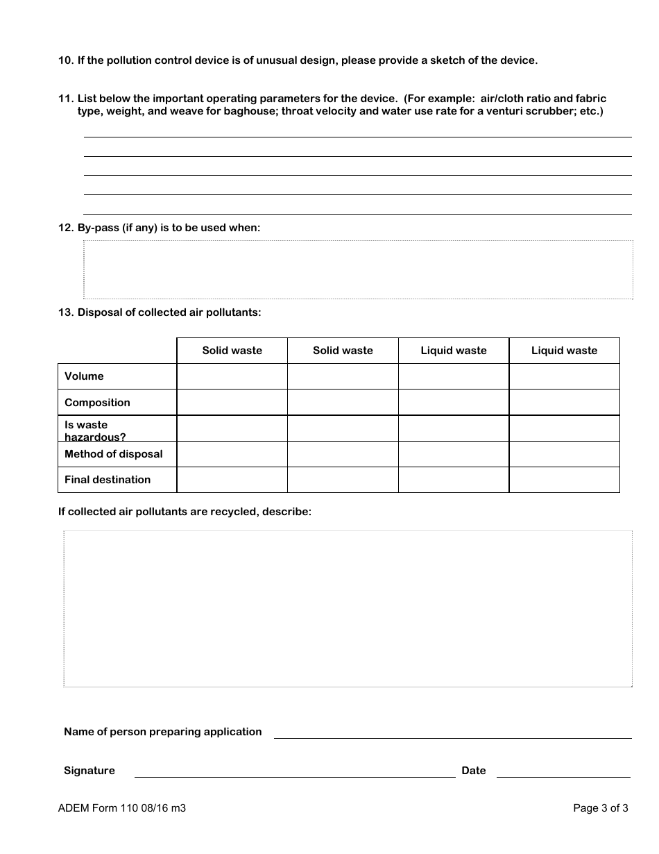 ADEM Form 110 Permit Application for Air Pollution Control Device - Alabama, Page 5