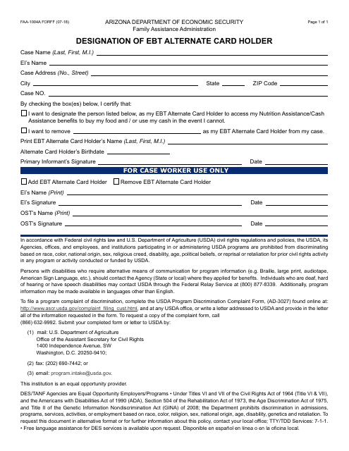 Form FAA-1004A FORFF Designation of Ebt Alternate Card Holder - Arizona