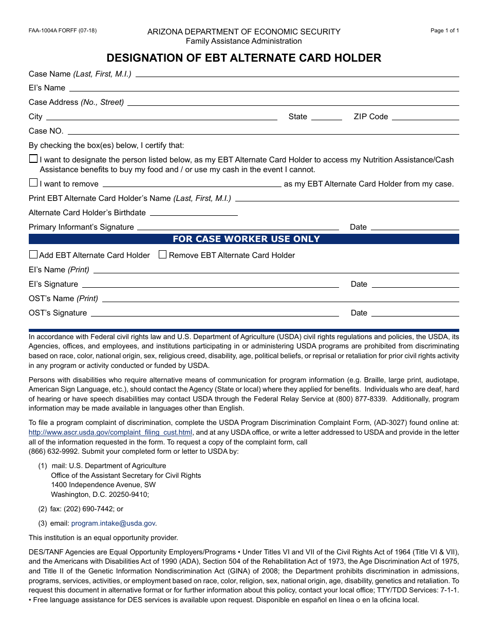 Form FAA-1004A FORFF Designation of Ebt Alternate Card Holder - Arizona, Page 1