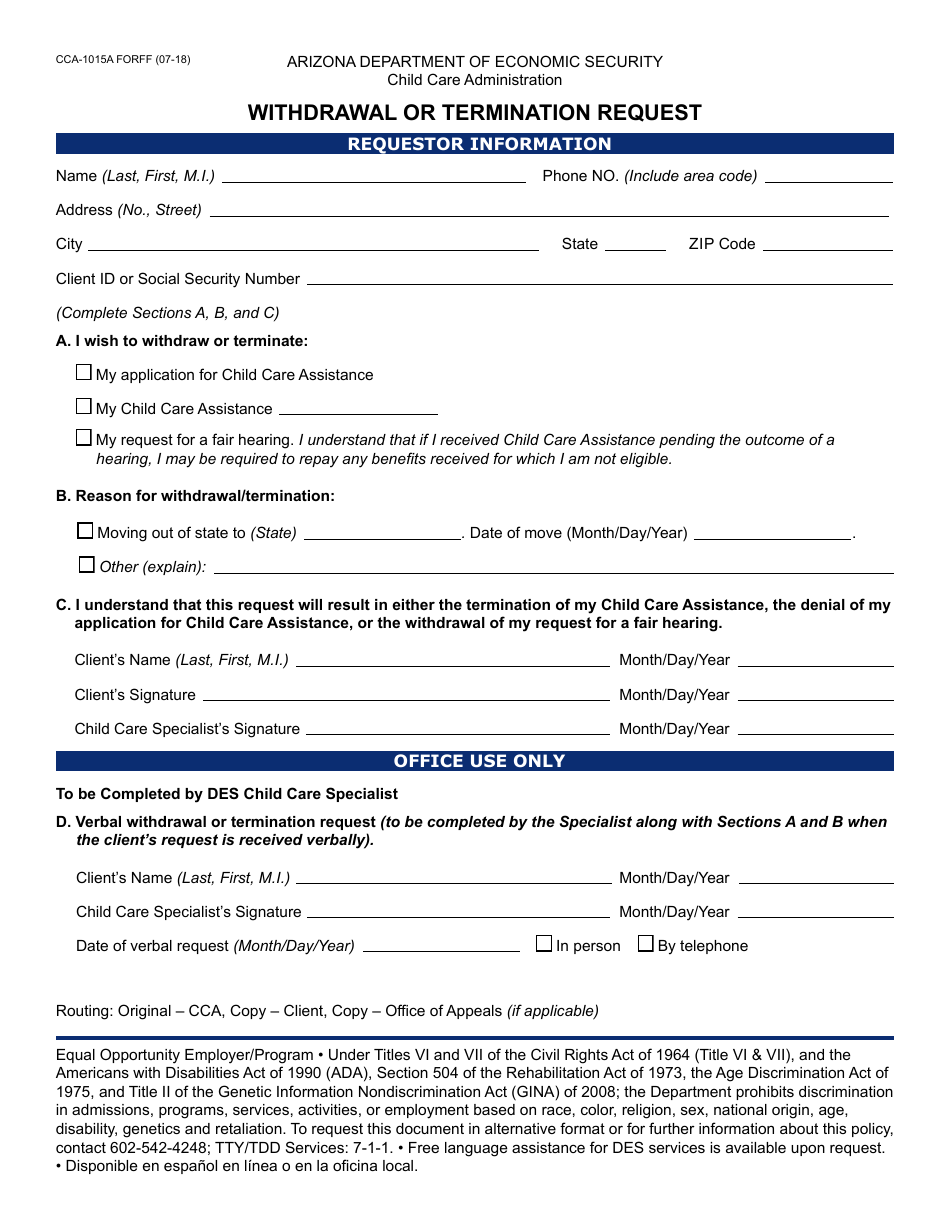Form CCA-1015A FORFF Withdrawal or Termination Request - Arizona, Page 1