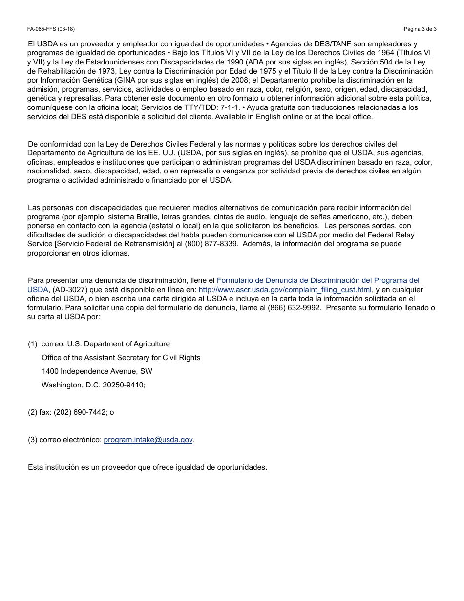 Formulario FA-065-FFS Verificacion De Arreglos De Vivienda / Direccion Residencial - Arizona (Spanish), Page 3
