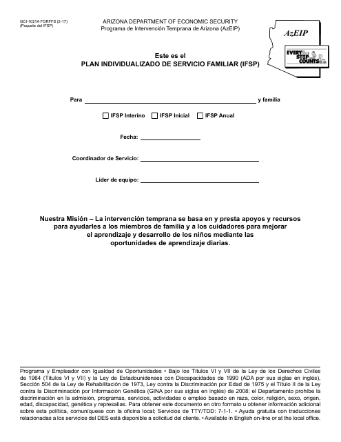 Formulario GCI-1021A-S Plan Individualizado De Servicio Familiar - Paquete - Arizona (Spanish)