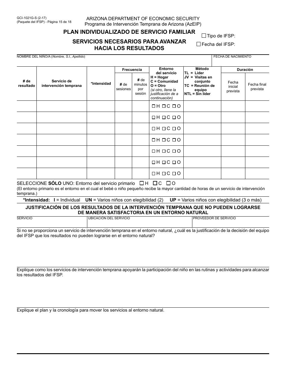 Formulario GCI-1021A-S Plan Individualizado De Servicio Familiar - Paquete - Arizona (Spanish), Page 15