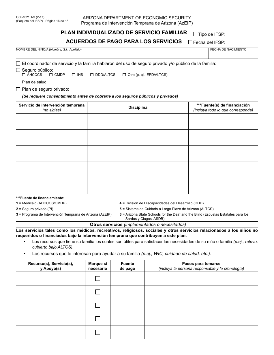 Formulario GCI-1021A-S Plan Individualizado De Servicio Familiar - Paquete - Arizona (Spanish), Page 16
