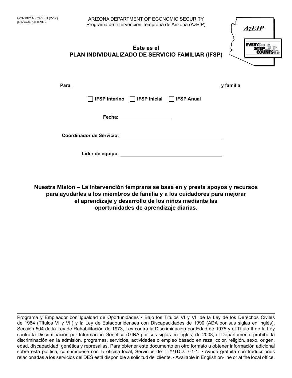 Formulario GCI-1021A-S Plan Individualizado De Servicio Familiar - Paquete - Arizona (Spanish), Page 1
