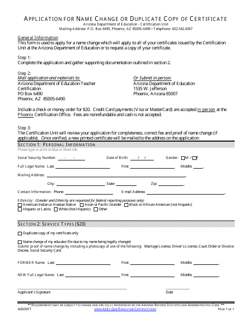 Application for Name Change or Duplicate Copy of Certificate - Arizona