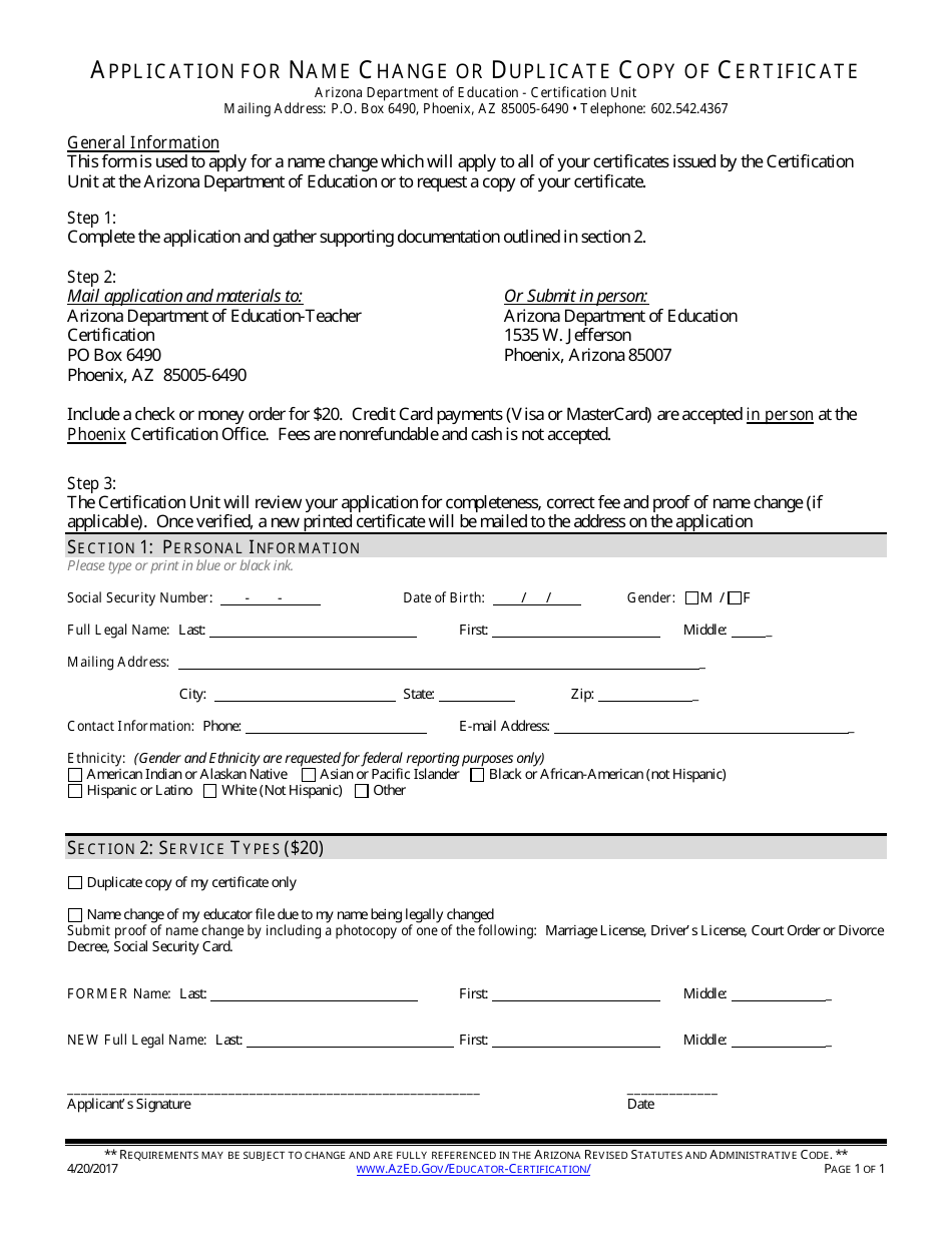 Application for Name Change or Duplicate Copy of Certificate - Arizona, Page 1