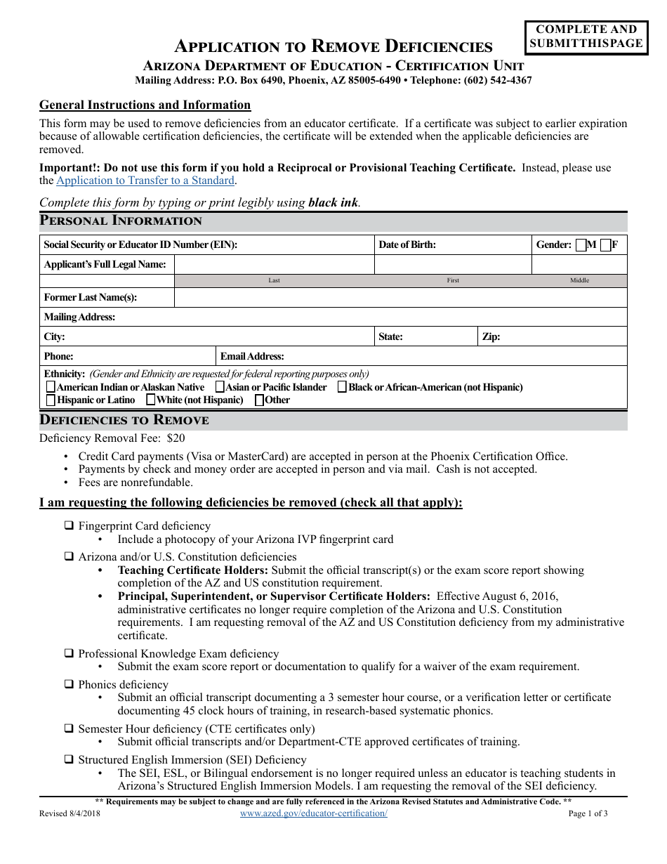 Application to Remove Deficiencies - Arizona, Page 1