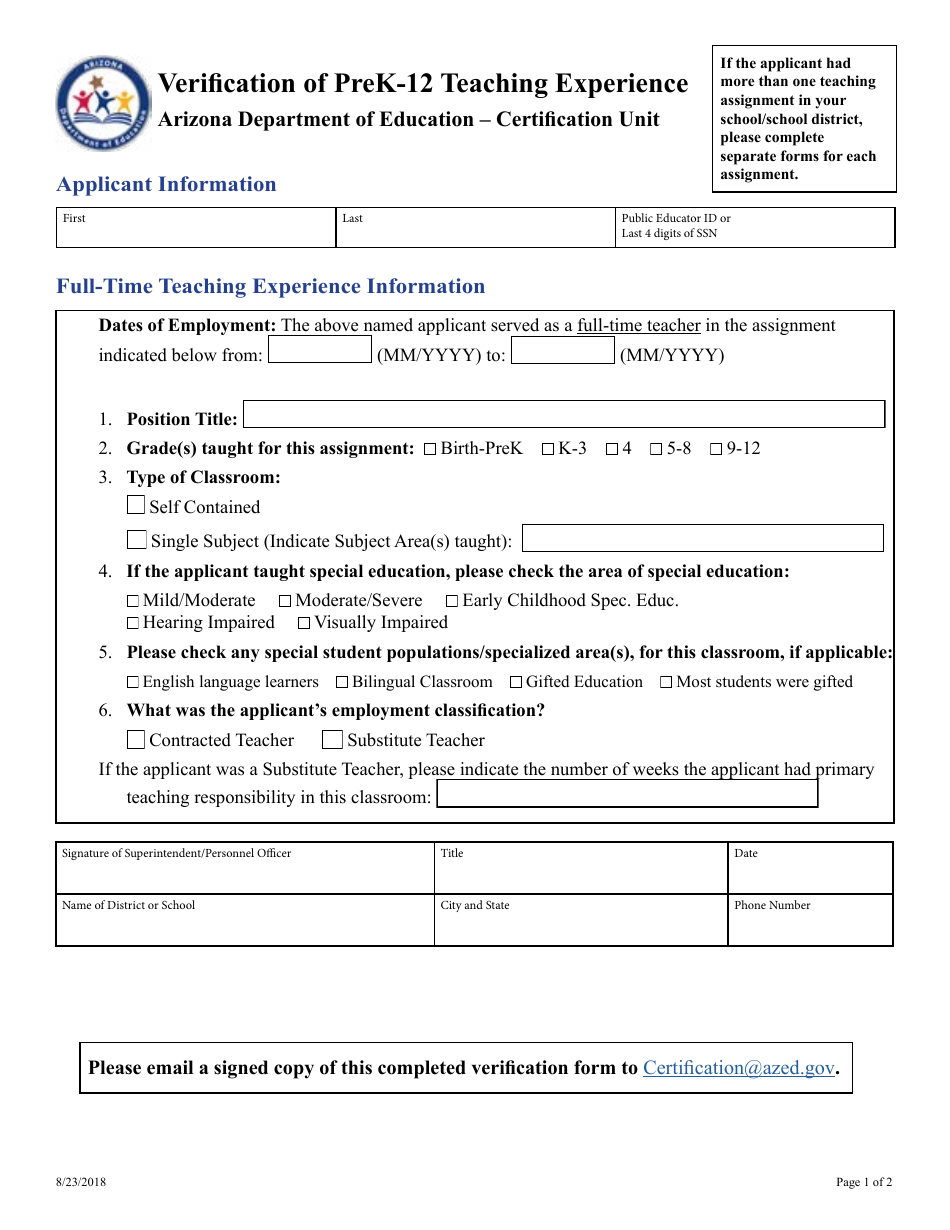 Verification of Prek-12 Teaching Experience - Arizona, Page 1