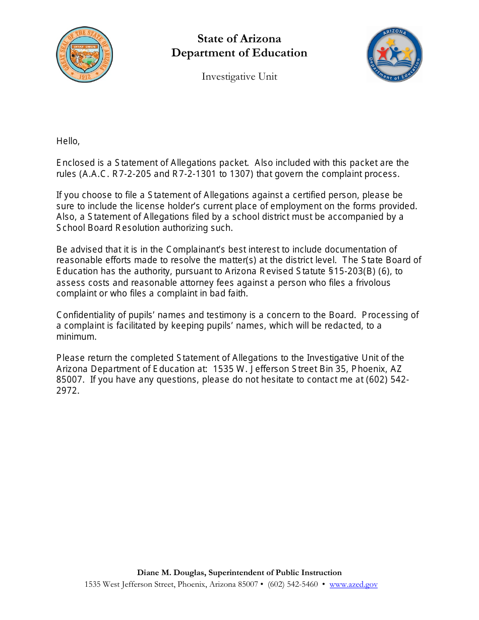 Statement of Allegations Packet - Arizona, Page 1