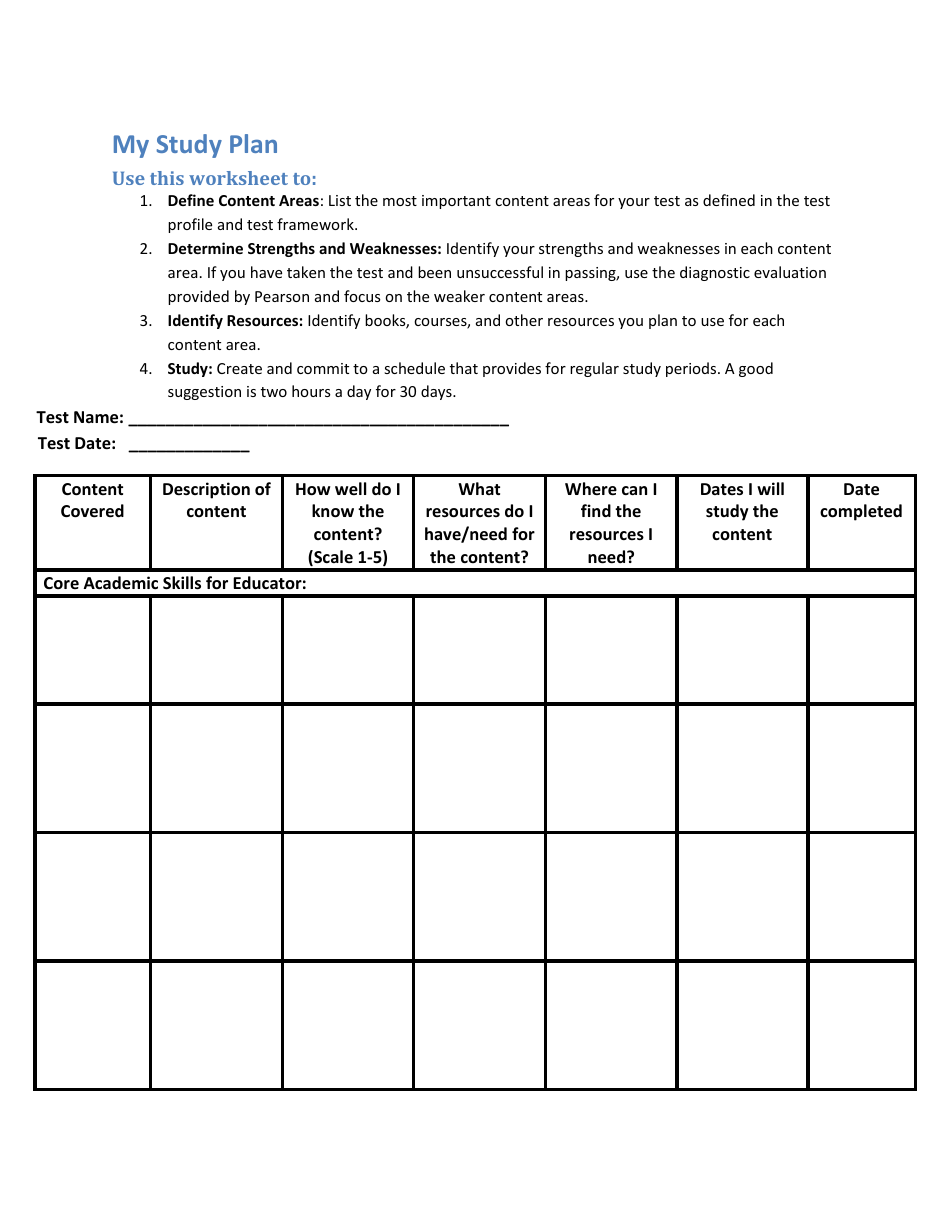 Study Plan Worksheet Template - Arizona, Page 1