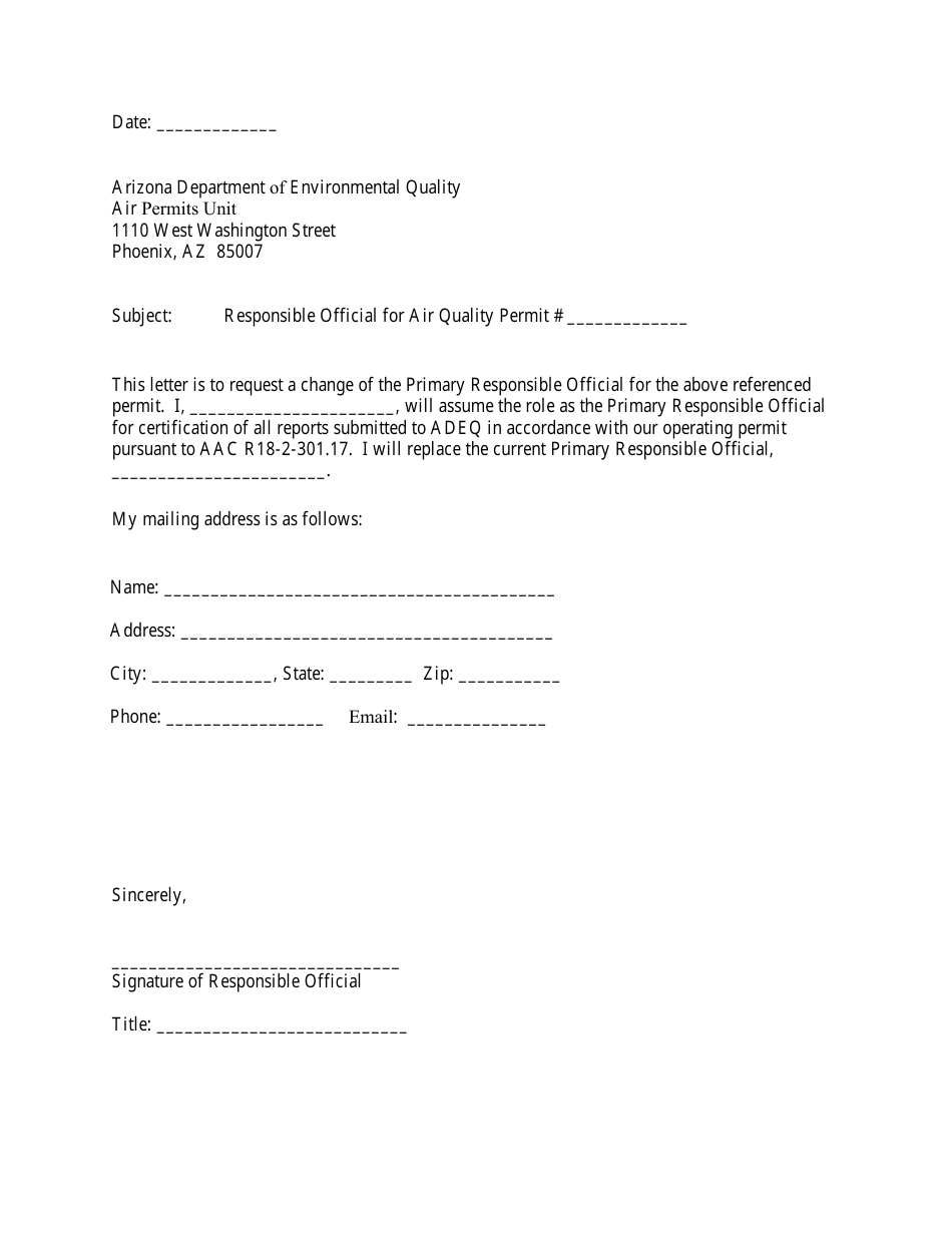 Arizona Air Quality Change of Responsible Official Form - Fill Out ...