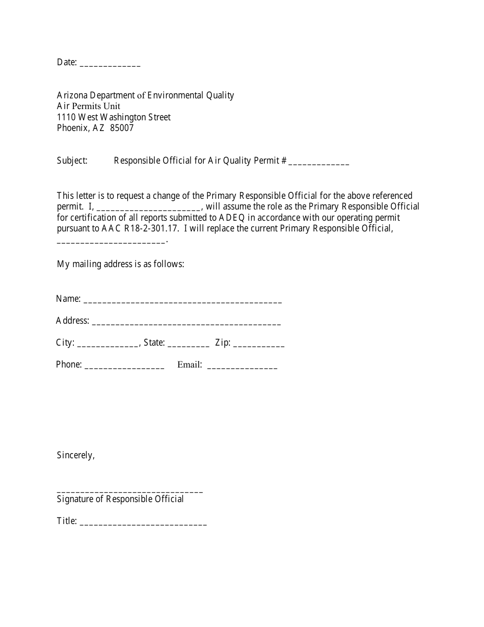 Air Quality Change of Responsible Official Form - Arizona, Page 1