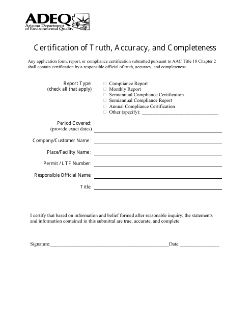 Certification of Truth, Accuracy, and Completeness - Arizona Download Pdf